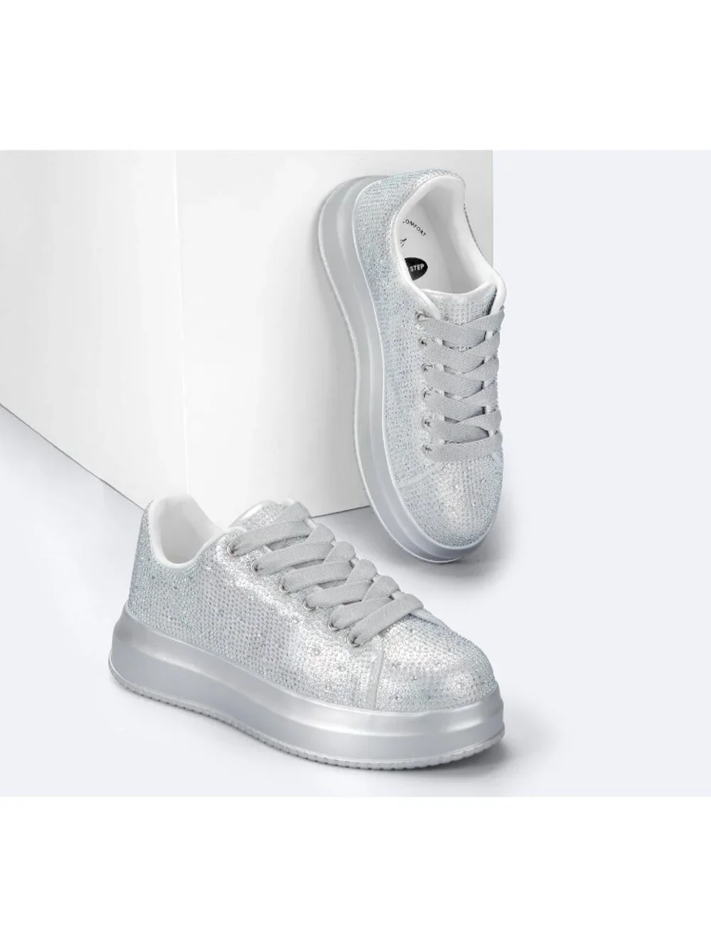 🆕Women's Silver Sparkly Glitter Bling Tennis Rhinestone Platform Sneakers